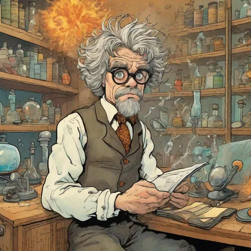 Prompt: colorful humorous book illustration of a young professor who looks similar to Tyrion Lannister in a laboratory behind an exploding invention, in the style of Dr. Theodor Seuss Geisel, Anton Pieck and Kat Tzingounakis , funny