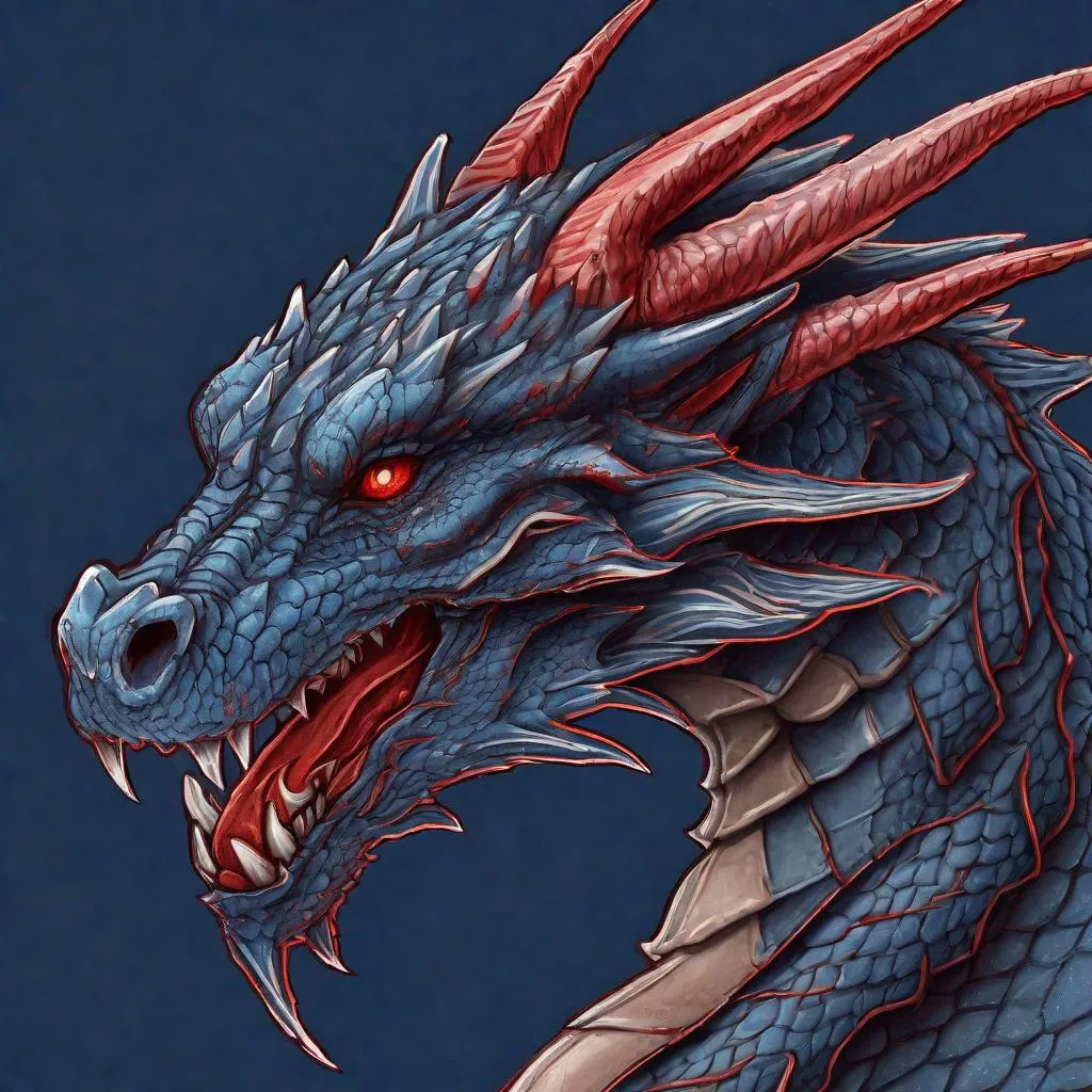 Prompt: Concept design of a dragon. Dragon head portrait. Coloring in the dragon is predominantly dark blue with subtle red streaks and details present.