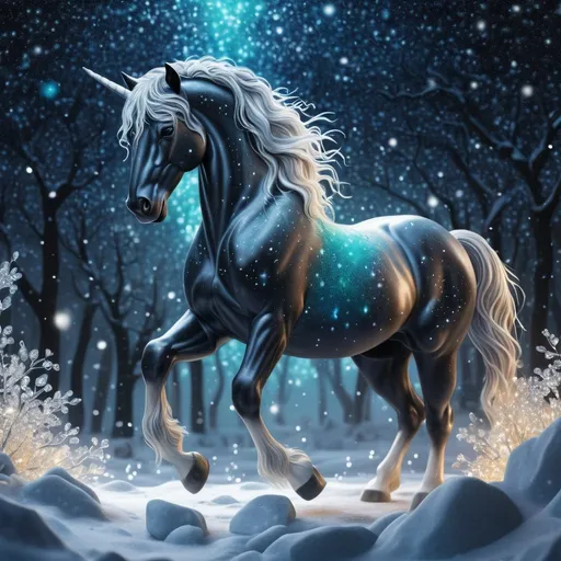 Prompt: Mythical Sleipnir. 8 legged Norse horse. Surrounded by glittering of tiny crystals. Twinkling. Highly detailed painting. Photorealistic. Magical atmosphere. 8k.