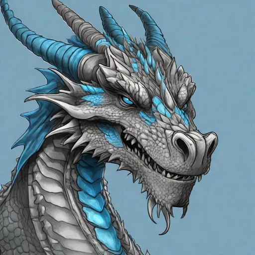 Prompt: Concept design of a dragon. Dragon head portrait. Coloring in the dragon is predominantly dark gray with sky blue streaks and details present.