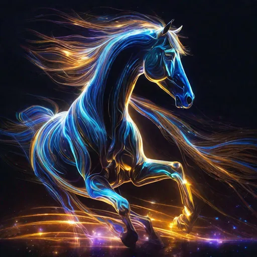 Prompt: Epic painting of a fantasy horse with light tracing, light trail photography, fibre optics, dark background, 8k, brilliant and dramatic illulumination, corona effect