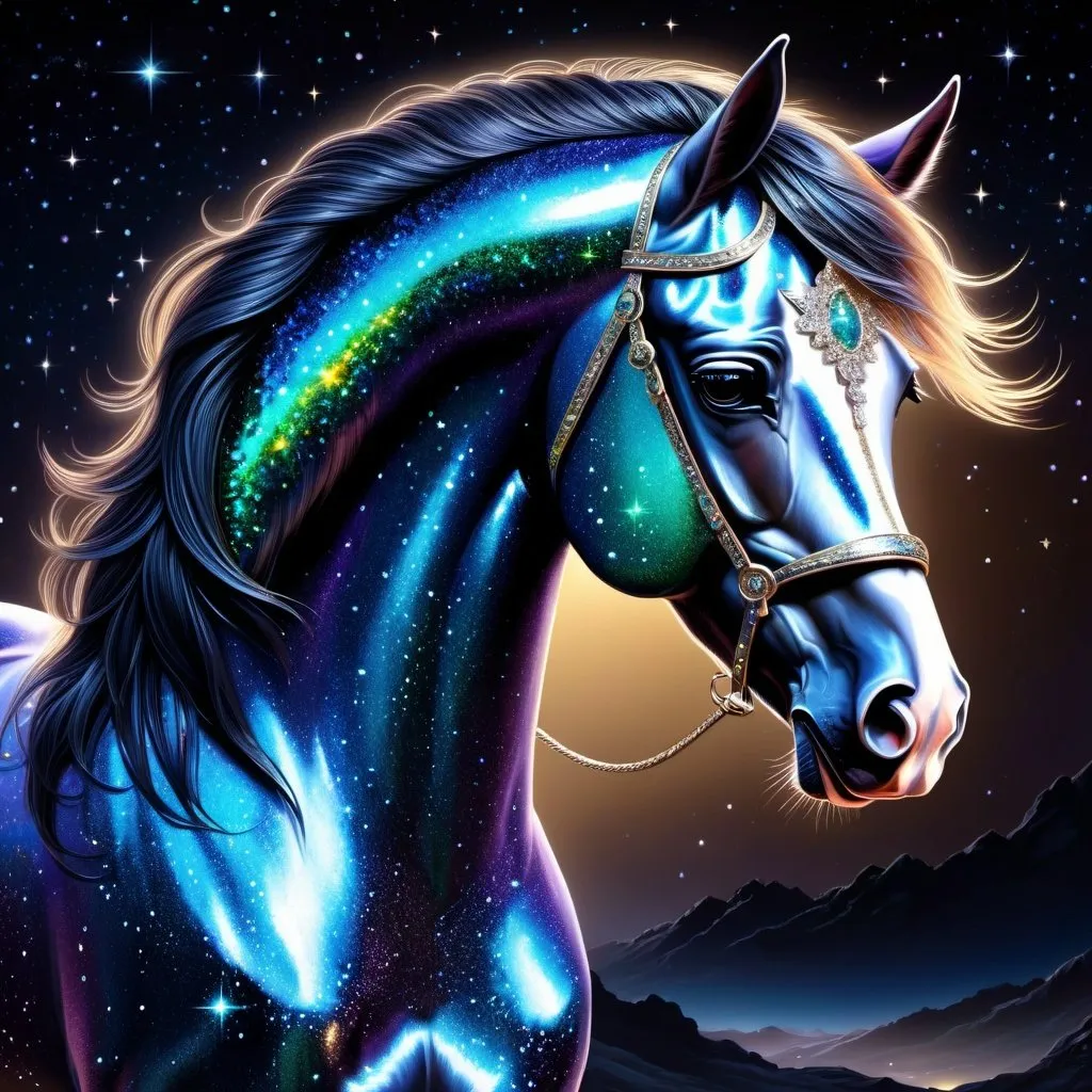 Prompt: Fantasy stallion with intricate glittering and made of delicate iridescent crystals. Sparkling. Starry night. Nature environment. Magical atmosphere. Photorealistic. Highly detailed painting. 64k resolution.