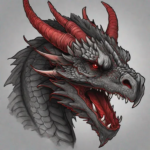 Prompt: Concept design of a dragon. Dragon head portrait. Coloring in the dragon is predominantly dark gray with subtle red streaks and details present.