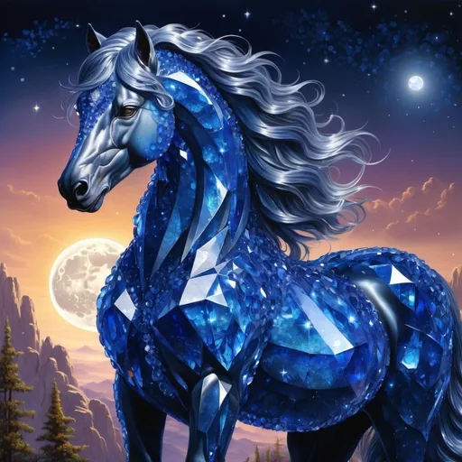 Prompt: Majestic stallion made of sapphire crystals. Stallion's body is crystalline and sparkles in the light. Sparkling. Twinkling. Fantasy summer environment. Moonrise setting. Magical atmosphere. Photorealistic. Highly detailed painting. 64k resolution.