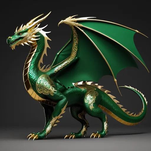 Prompt: Concept illustration of a western-style dragon. (Dragon quadruped). Dragon has four legs, a pair of slender wings. Dragon's tail proportional to the dragons body. Golden ratio. The dragon colouring consists predominantly of dark-green. The finer detailing present on the body and wings consist of silver coloured streaks and decorative designs which contrast the dark green base colouring. Highly detailed. 64k resolution.