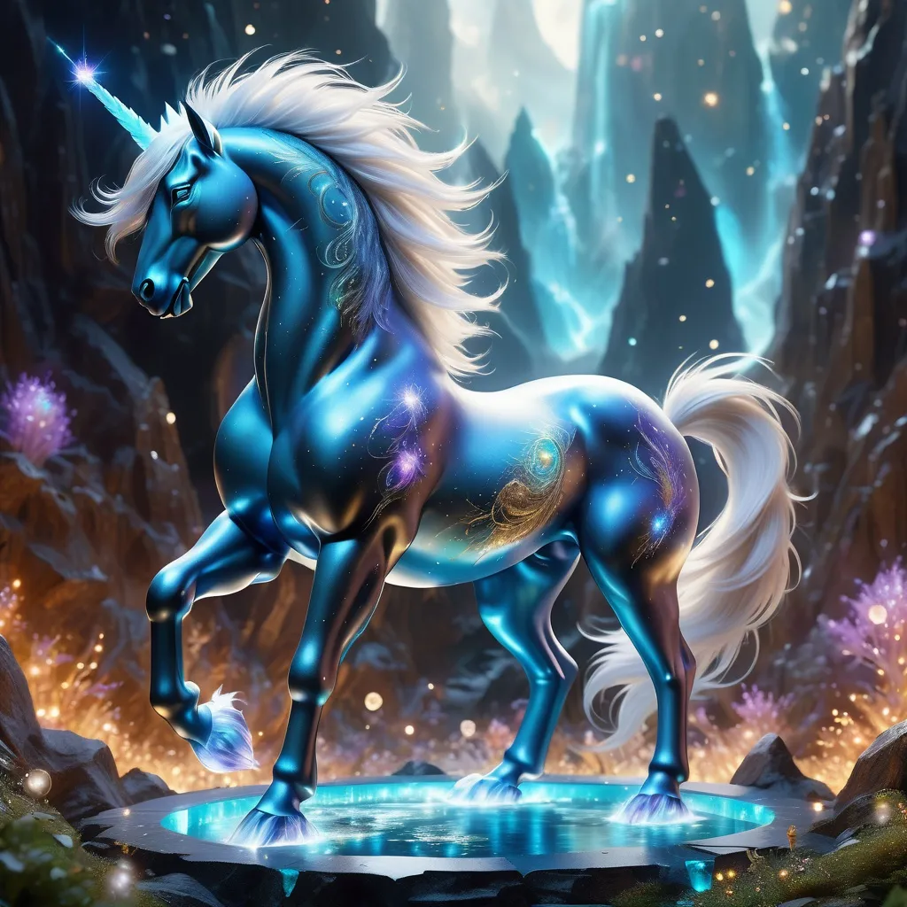 Prompt: A fantasy stallion made of the element earth surrounded by glittering of tiny crystals, twinkling, highly detailed painting, photorealistic, magical atmosphere, 8k