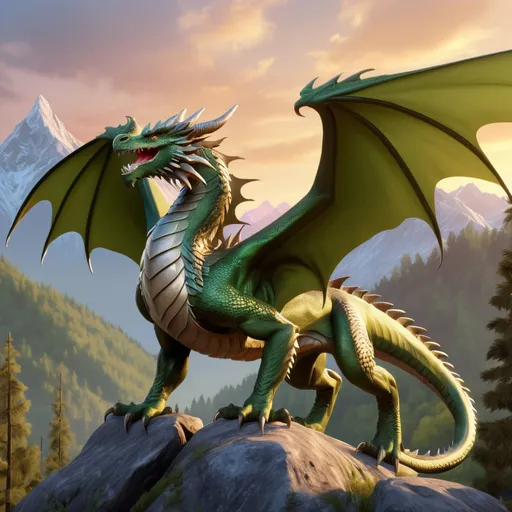 Prompt: Western-style dragon admiring the mountains. Quadruped. Olive-green color. Forest environment. Athletic and muscular. Soft looking wings. Smooth body design. Honorable and proud. Sunrise setting. Highly detailed painting. Magical atmosphere. 8k.