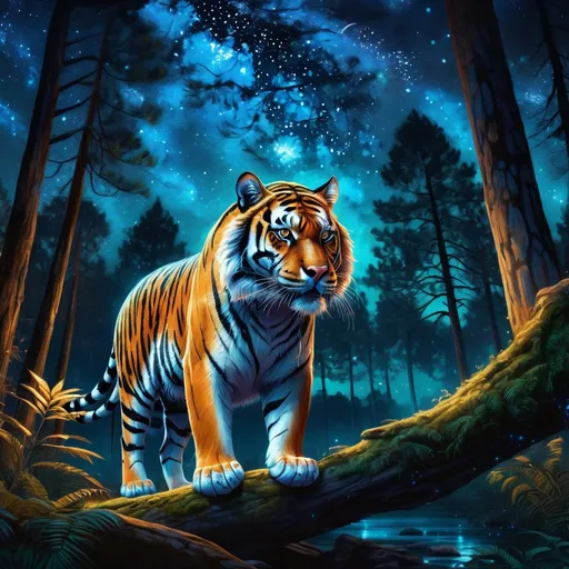 Prompt: Majestic tiger with bioluminescent markings. (Tiger quadruped). Dense forest. Starry Night. Bioluminescence in the environment. Twinkling. Magical atmosphere. Powerful. Fantasy. Photorealistic. Highly detailed painting. 8k.