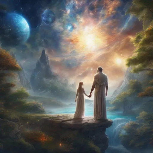 Prompt: Mother Nature and Father Universe finally meet again after eternity, highly detailed painting, photorealistic, 8k, romantic atmosphere, fantasy world, peaceful