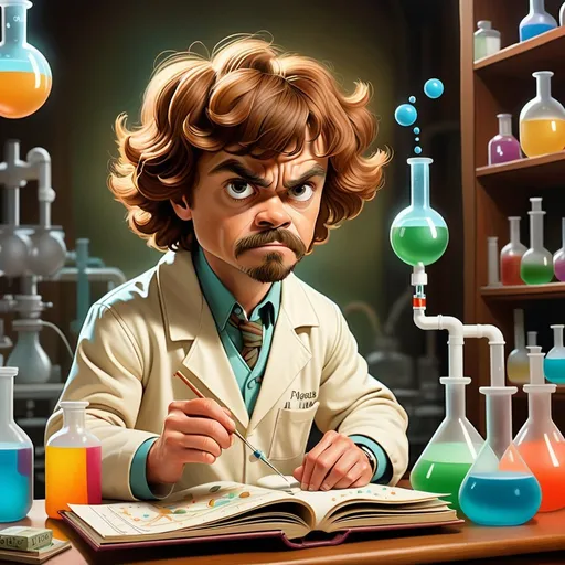 Prompt: Colorful humorous book illustration of a chemistry professor who looks like Peter Dinklage working in a laboratory. Light brown hair. In the style of Dr. Theodor Seuss Geisel, Anton Pieck and Kat Tzingounakis , funny