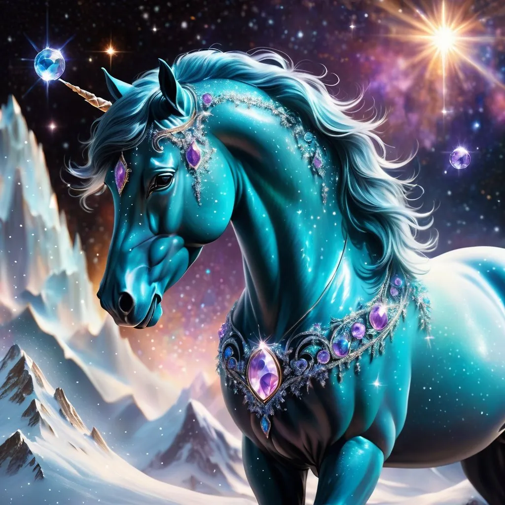 Prompt: A fantasy stallion made of the element earth surrounded by glittering of tiny crystals. Twinkling. Highly detailed painting. Photorealistic. Magical atmosphere. 8k.