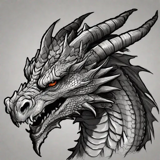 Prompt: Concept design of a dragon. Dragon head portrait. Coloring in the dragon is predominantly dark grey with black streaks and details present.