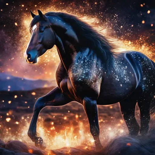 Prompt: A dark bay fantasy stallion with a white blaze down its face with beautiful features surrounded by glowing embers,  highly detailed painting, photorealistic, magical atmosphere, 8k, sparkles, corona effect, dramatic, epic fantasy