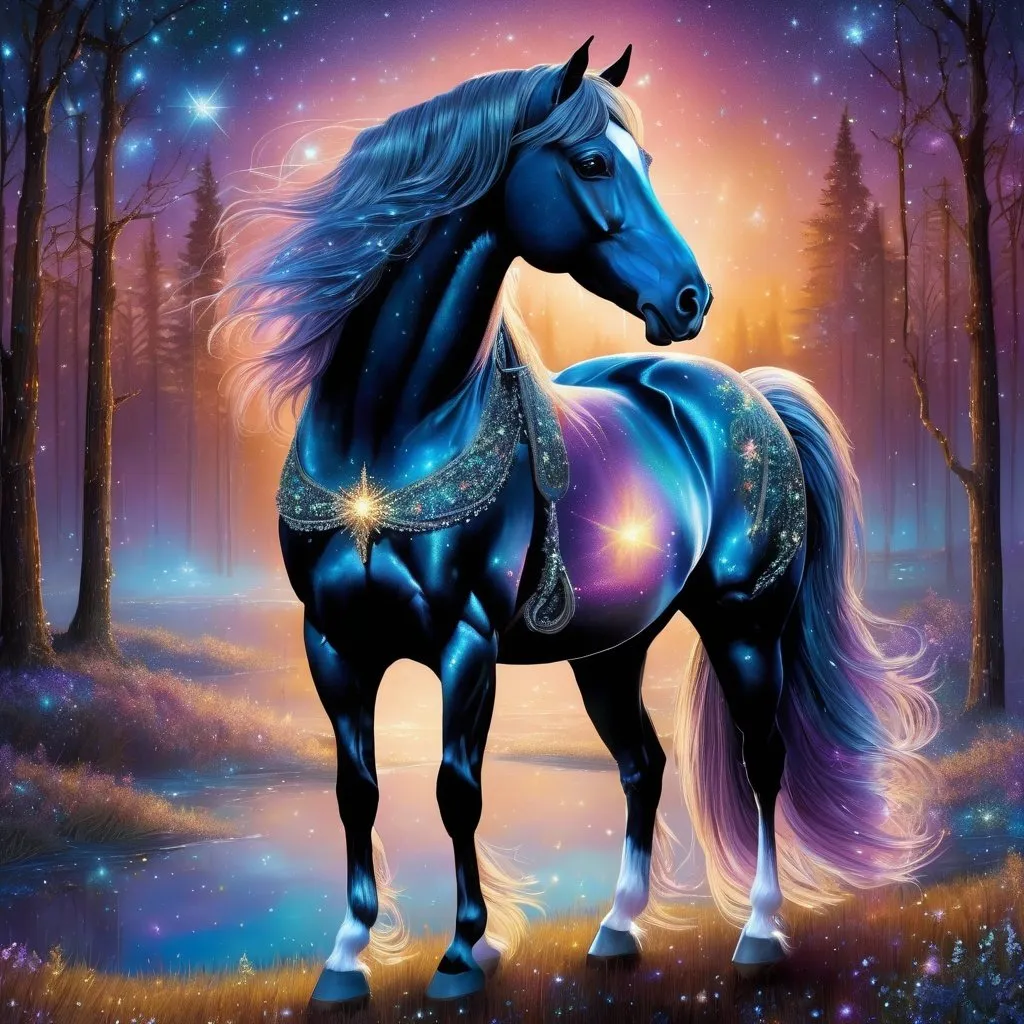 Prompt: Fantasy stallion with intricate glittering and made of delicate iridescent crystals. Sparkling. Starry night. Nature environment. Magical atmosphere. Photorealistic. Highly detailed painting. 64k resolution.