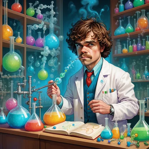 Prompt: Colorful humorous book illustration of a chemistry professor who looks like Peter Dinklage working in a laboratory, in the style of Dr. Theodor Seuss Geisel, Anton Pieck and Kat Tzingounakis , funny