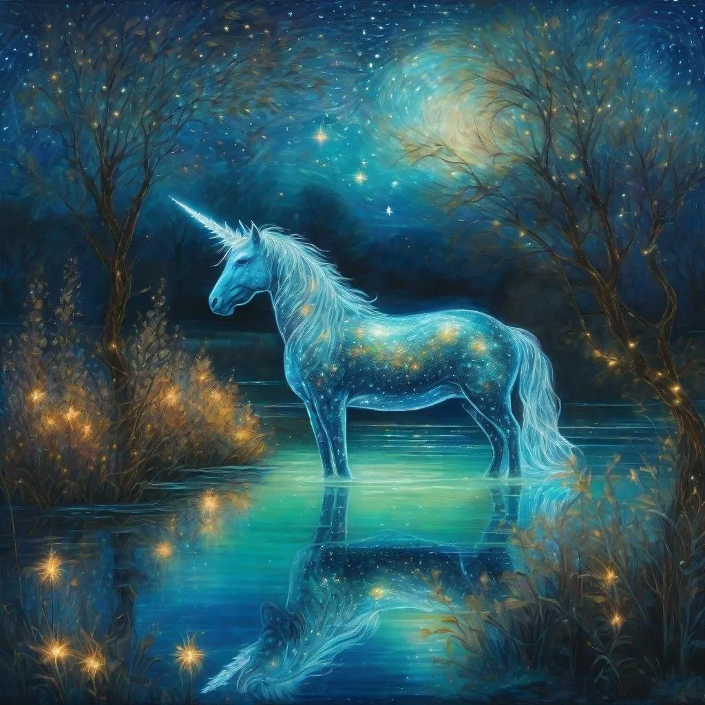 Prompt: An fantasy translucent unicorn that is glowing on a lake surrounded by willows. Starry night. Bioluminescent. Beautiful. Majestic. Graceful. Terrifying. Powerful. Highly detailed painting. 8k.