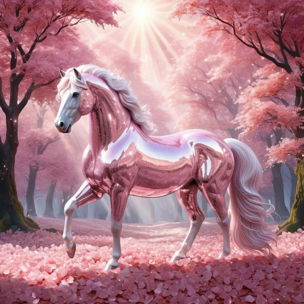 Prompt: Majestic stallion made of rose-quartz crystal. Stallion's body is crystalline and sparkles in the light. Sparkling. Twinkling. English autumn environment. Magical atmosphere. Photorealistic. Highly detailed painting. 64k resolution. 