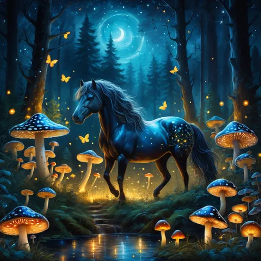 Prompt: Fantasy stallion surrounded by a forest full of mushrooms surrounded by fireflies. Night. Magical atmosphere. Peaceful mood. Highly detailed painting. 8k. 