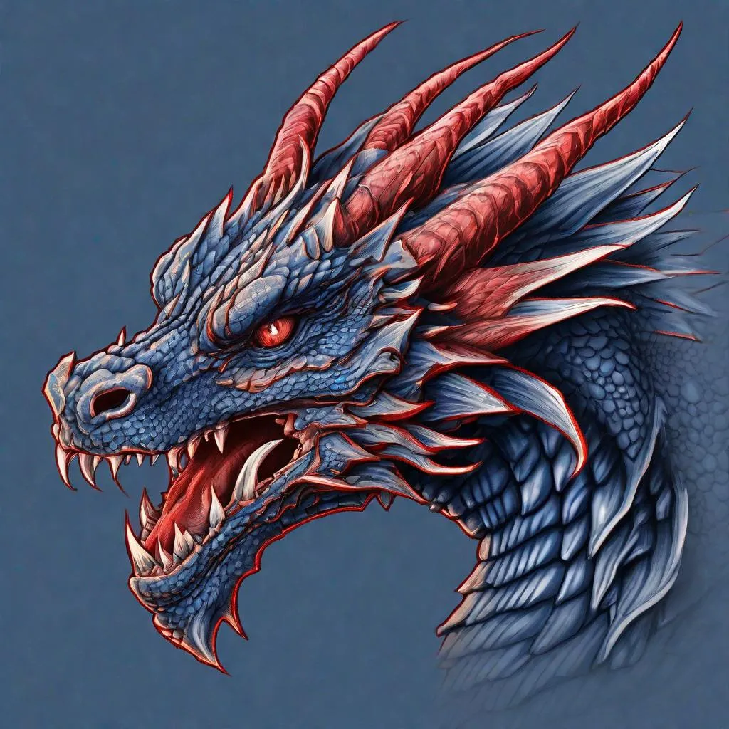 Prompt: Concept design of a dragon. Dragon head portrait. Coloring in the dragon is predominantly dark blue with subtle red streaks and details present.