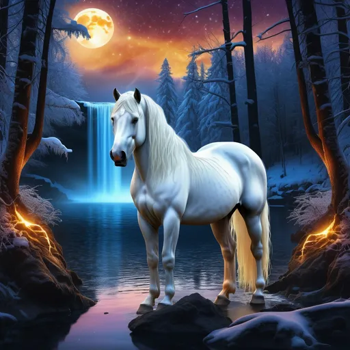 Prompt: Insanely beautiful (equine quadruped) that is glowing, thick snow white mane, translucent, luminescent, illusion, glistening fiery mane, majestic stallion face, in a magical forest near a lake, moonrise, beneath the stars, crystal lake, corona, glowing outline, waterfall, bioluminescent, highres, best quality, concept art, epic digital art, intricately detailed, cinematic, 8k eyes, highly detailed eyes, highly detailed, 64k, vibrant, UHD, professional, intricately detailed background, realistic horse proportions
