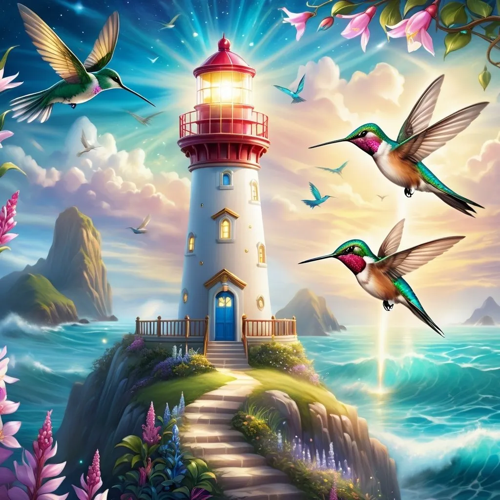 Prompt: A magical lighthouse and a hummingbird guardian protector, highly detailed painting, photorealistic, magical atmosphere. 64k resolution.