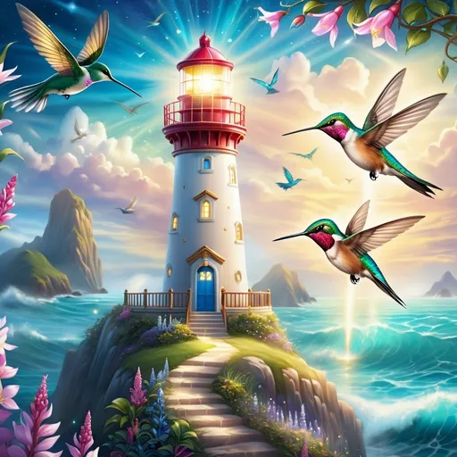 Prompt: A magical lighthouse and a hummingbird guardian protector, highly detailed painting, photorealistic, magical atmosphere. 64k resolution.