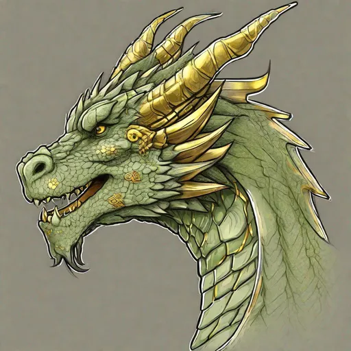 Prompt: Concept design of a dragon. Dragon head portrait. Side view. Coloring in the dragon is predominantly olive green with gold streaks and details present.