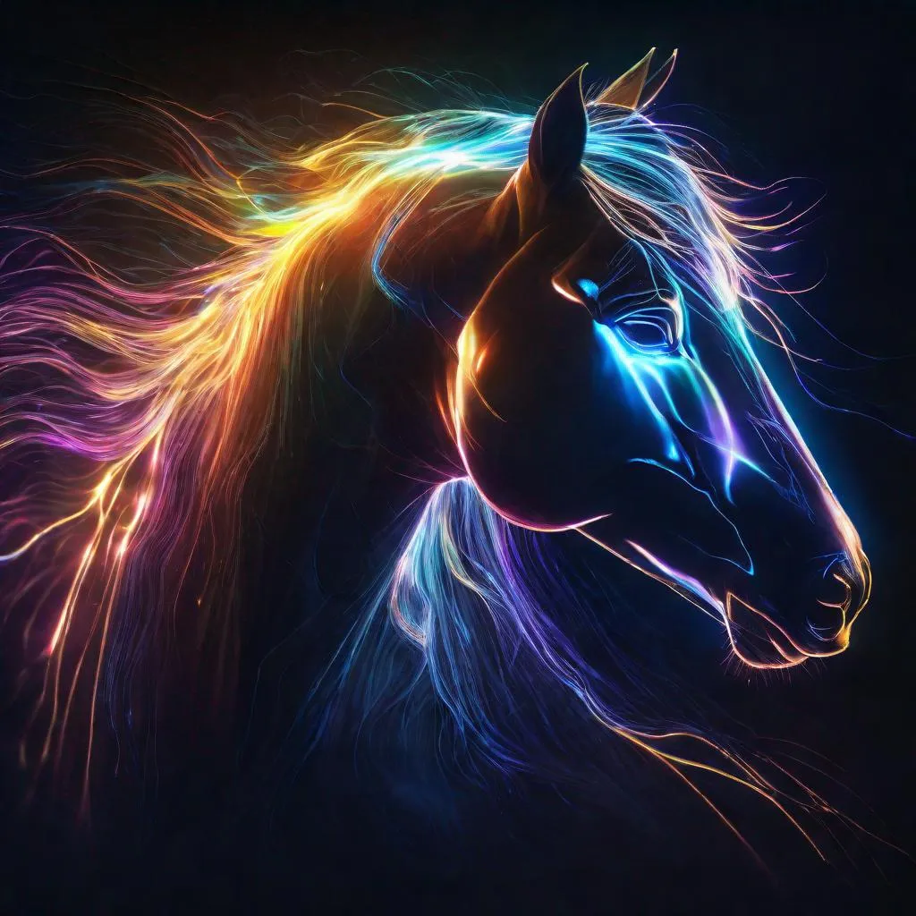 Prompt: Epic painting of a fantasy horse with light tracing, light trail photography, fibre optics, dark background, 8k, brilliant and dramatic illulumination, corona effect