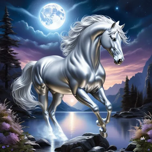 Prompt: Magnificent fantasy stallion that is made of elemental silver. Stallion has a smooth silver body a shine that outlines the body giving a glowing effect. Nature environment. Moonrise setting. Magical atmosphere. Photorealistic. Highly detailed painting. 64K resolution.