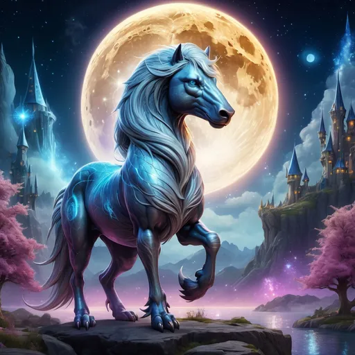 Prompt: Elegant stallion that is designed like a wizard. Wizard and magician styles in stallion design. Sparkling magic present. Fairytale wizard world environment. Moonrise. Fantasy. Highly detailed painting. Magical atmosphere. 8k. HDR.