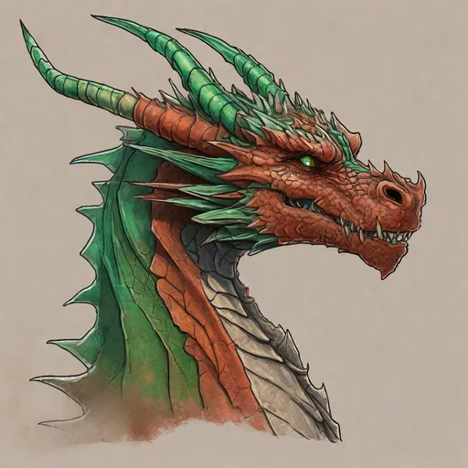 Prompt: Concept design of a dragon. Dragon head portrait. Side view. Coloring in the dragon is predominantly rusty-red with green streaks and details present.