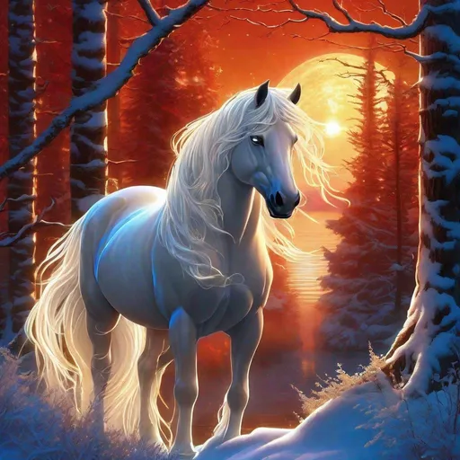 Prompt: Insanely beautiful (equine quadruped) that is glowing, thick snow white mane, translucent, luminescent, illusion, glistening fiery mane, glows like the sun, flaming red eyes, majestic stallion face, in a magical forest near a lake, moonrise, beneath the stars, crystal lake, corona, glowing outline, waterfall, bioluminescent, highres, best quality, concept art, epic digital art, intricately detailed, cinematic, 8k eyes, highly detailed eyes, highly detailed, 64k, vibrant, UHD, professional, intricately detailed background