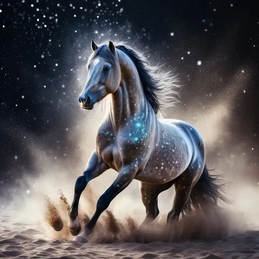 Prompt: Fantasy stallion made of wind. Equine quadruped. Surrounded by glittering dust particles. Twinkling. Highly detailed painting. Photorealistic. Magical atmosphere. 8k.