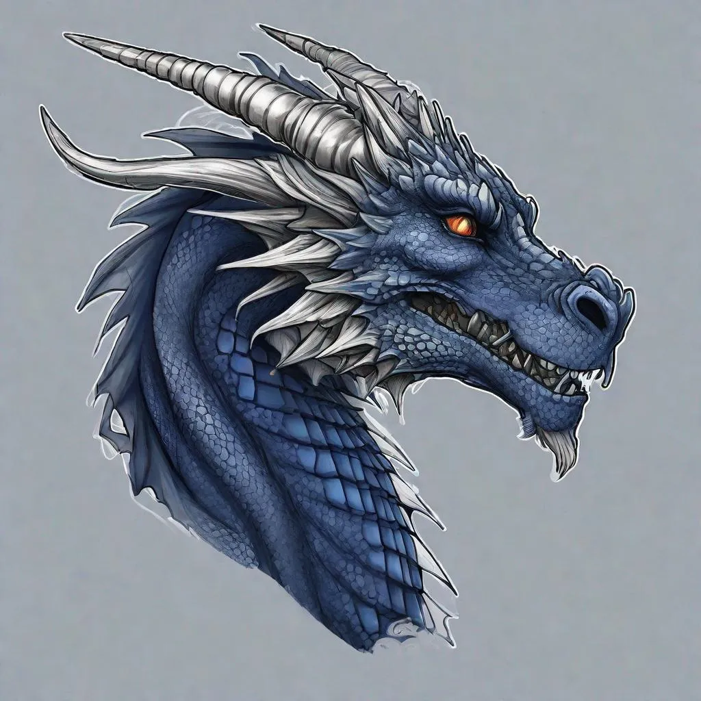 Prompt: Concept design of a dragon. Dragon head portrait. Side view. Coloring in the dragon is predominantly navy blue with silver streaks and details present.