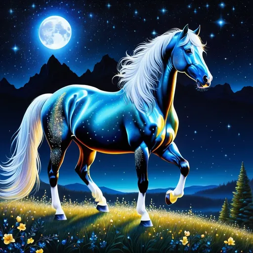 Prompt: Fantasy stallion with intricate glittering and made of delicate iridescent crystals. Sparkling. Starry night. Nature environment. Magical atmosphere. Photorealistic. Highly detailed painting. 64k resolution.