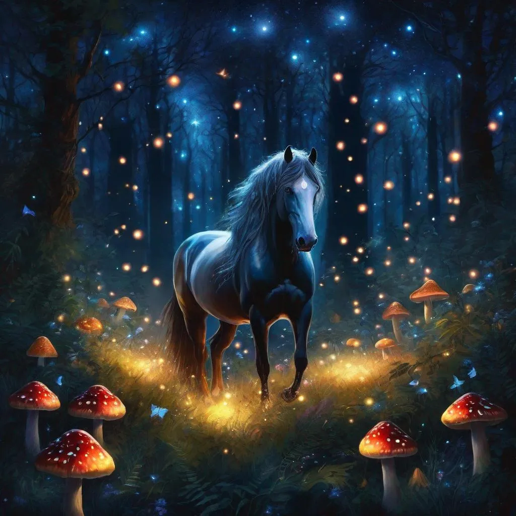 Prompt: Fantasy stallion surrounded by a forest full of mushrooms surrounded by fireflies. Night. Magical atmosphere. Peaceful mood. Highly detailed painting. 8k. 