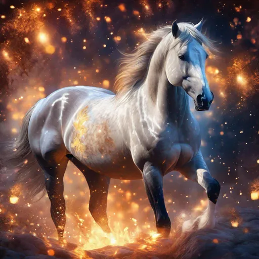 Prompt: A bay fantasy stallion with a white blaze down its face with beautiful features surrounded by glowing embers,  highly detailed painting, photorealistic, magical atmosphere, 8k, sparkles, corona effect, dramatic, epic fantasy