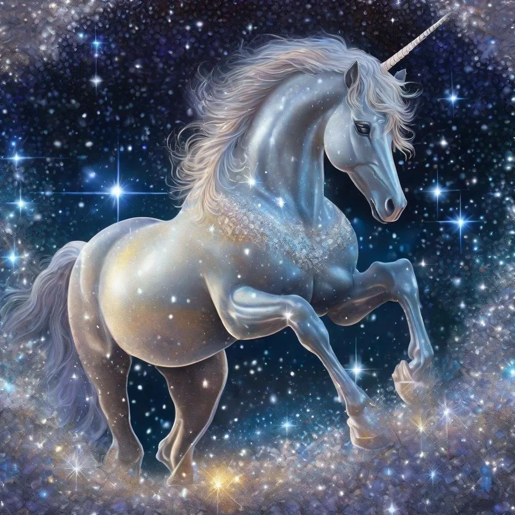 Prompt: Mythical Sleipnir. Surrounded by glittering of tiny crystals. Twinkling. Highly detailed painting. Photorealistic. Magical atmosphere. 8k.