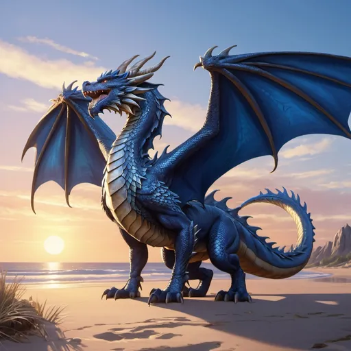 Prompt: Western-style dragon standing on the ground and looking up at the sky. Quadruped. Indigo color. Beach environment. Athletic and muscular. Soft looking wings. Smooth body design. Honorable. Sunrise setting. Highly detailed painting. Magical atmosphere. 8k.