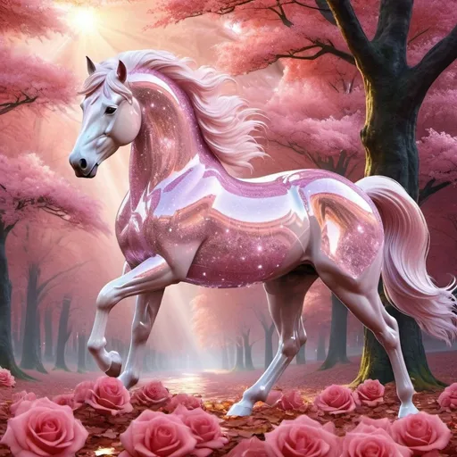 Prompt: Majestic stallion made of rose-quartz crystal. Stallion's body is crystalline and sparkles in the light. Sparkling. Twinkling. English autumn environment. Magical atmosphere. Photorealistic. Highly detailed painting. 64k resolution. HDR. UHD. DSLR.