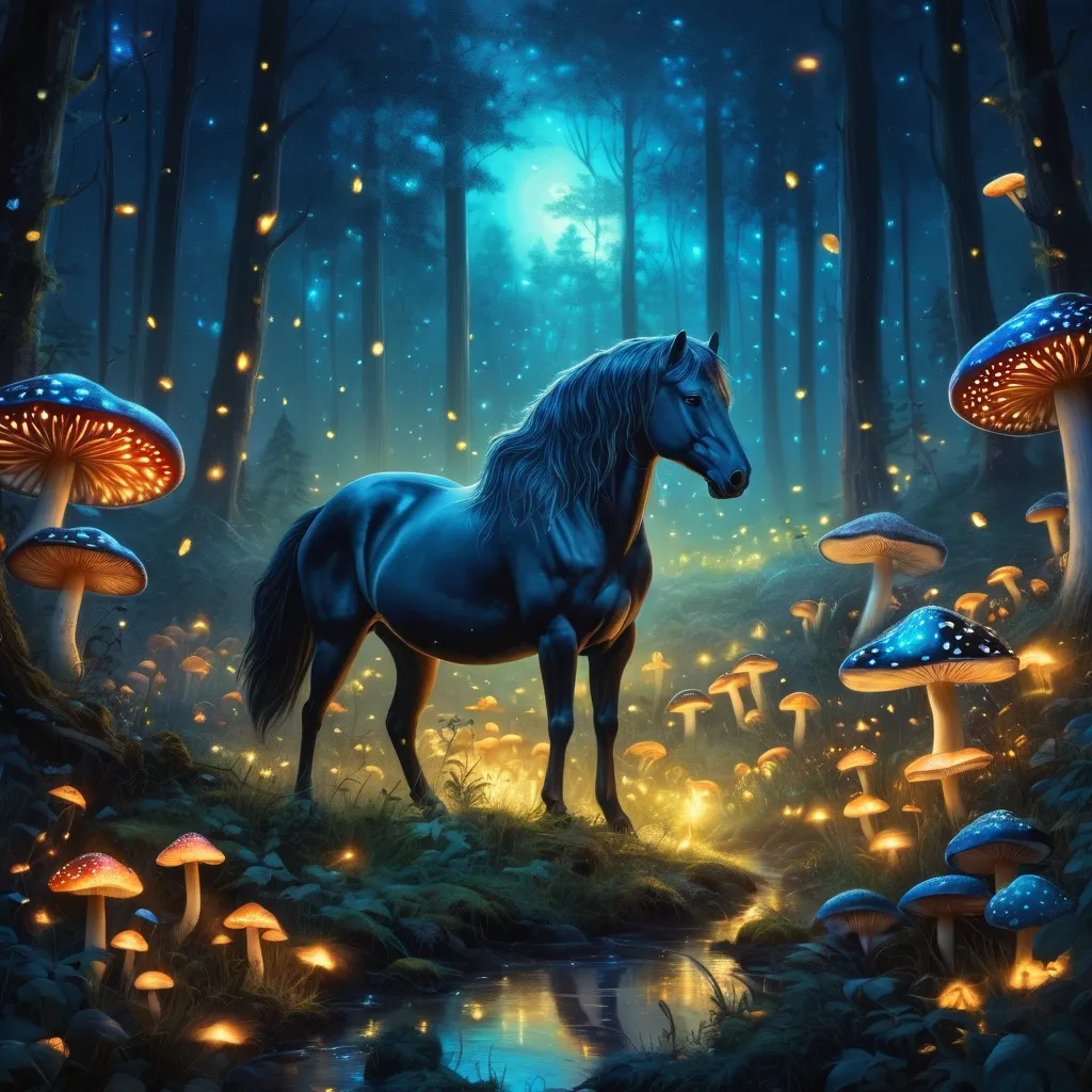 Prompt: Fantasy stallion surrounded by a forest full of mushrooms surrounded by fireflies. Night. Magical atmosphere. Peaceful mood. Highly detailed painting. 8k. 