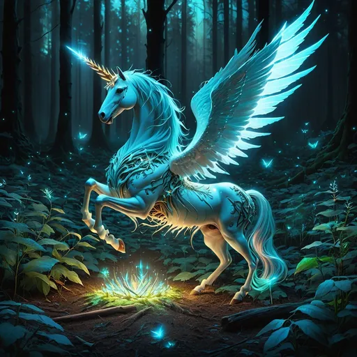 Prompt: Fantasy bioluminescent winged unicorn. Forest surrounded by bones on the ground. Nighttime. Bioluminescence of the environment. Magical atmosphere. Epic. Fantasy. Photorealistic. Highly detailed painting. 8k.