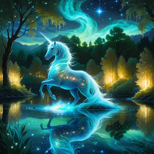 Prompt: An fantasy translucent unicorn that is glowing on a lake surrounded by willows. Starry night. Bioluminescent. Beautiful. Majestic. Graceful. Terrifying. Powerful. Highly detailed painting. 8k.