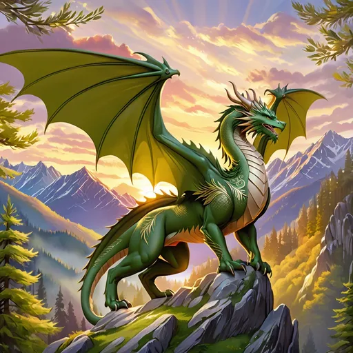 Prompt: Western-style dragon admiring the mountains. Quadruped. Olive-green color. Forest environment. Athletic and muscular. Soft looking wings. Smooth body design. Honorable and proud. Sunrise setting. Highly detailed painting. Magical atmosphere. 8k.