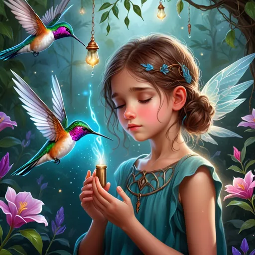 Prompt: A depressed girl being with her magical hummingbird protector. Magical atmosphere. Photorealistic. Highly detailed painting. 8k.