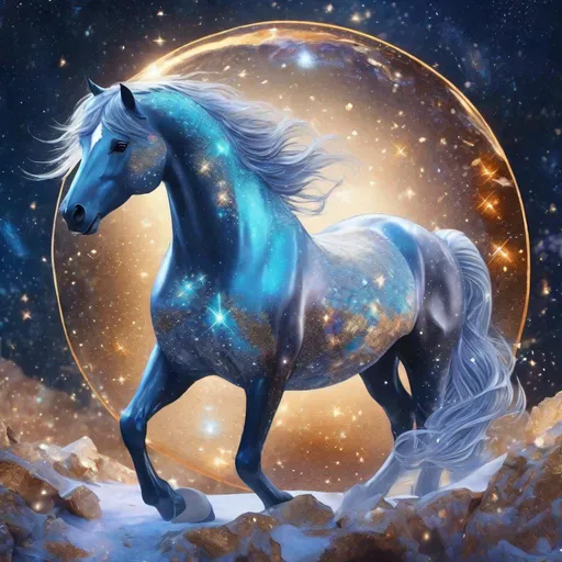 Prompt: A fantasy stallion made of the element earth surrounded by glittering of tiny crystals, twinkling, highly detailed painting, photorealistic, magical atmosphere, 8k