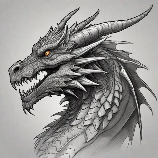 Prompt: Concept design of a dragon. Dragon head portrait. Side view. Coloring in the dragon is predominantly dark gray with silver streaks and details present.