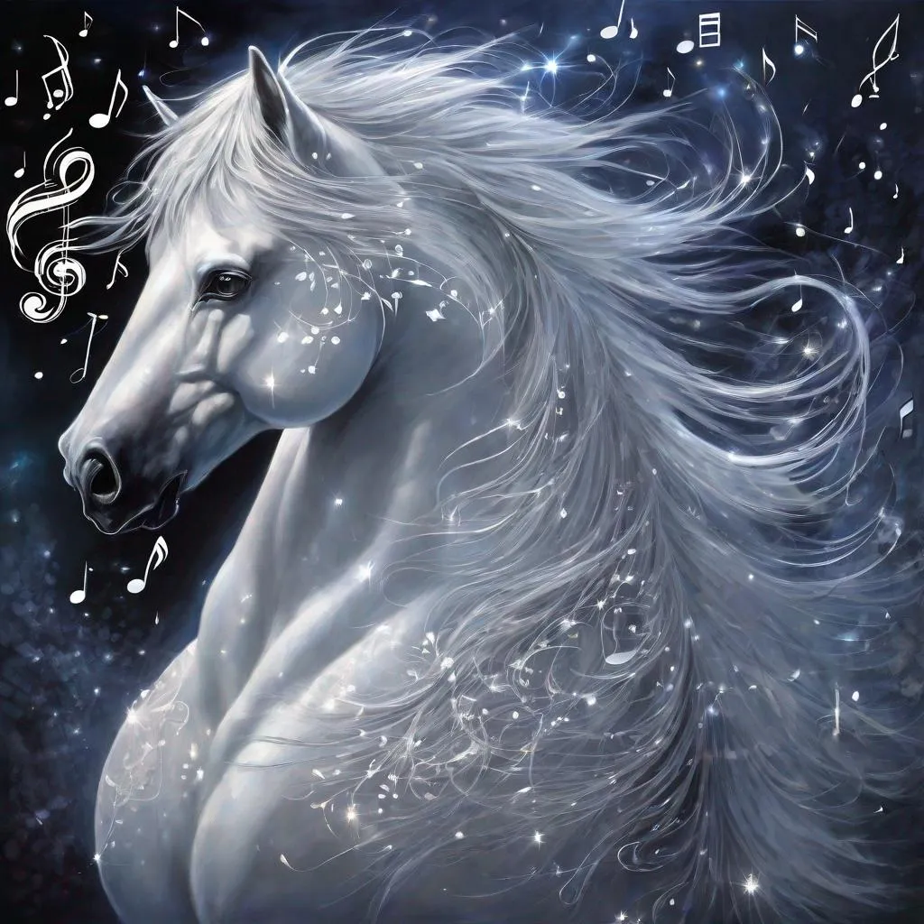 Prompt: Ultra-detailed musical stallion. The stallion has a transparent body that is formed by white music notes and symbols which are integrated together. Dark background. Fantasy. Magical atmosphere. Photorealistic. Highly detailed painting. 64k. HDR.