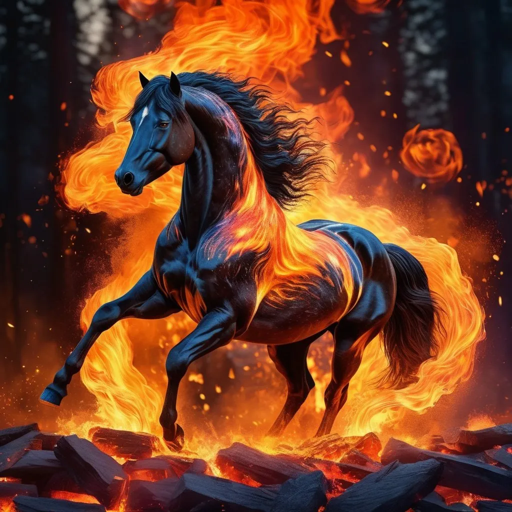 Prompt: A fantasy stallion made of the element fire surrounded by glowing embers, highly detailed painting, photorealistic, magical atmosphere, 8k