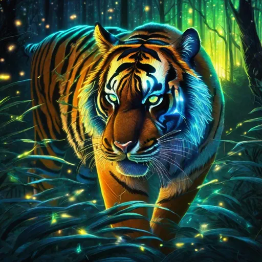 Prompt: Tiger with glowing bioluminescent stripes. (Tiger quadruped). Dense forest with twinkling fireflies. Midnight. Bioluminescence. Magical atmosphere. Photorealistic. Highly detailed painting. 8k. HDR.